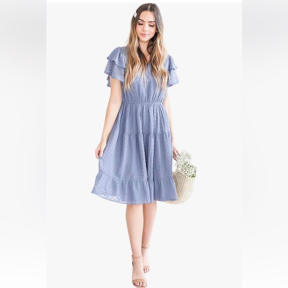 Mikarose Blue Midi Dress with Ruffle Sleeves Baby Shower/Wedding Shower Dress!